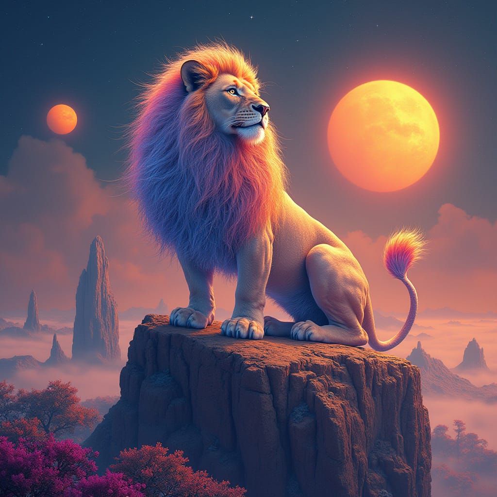 Stardust Lion on Alien Planet in Surreal Style