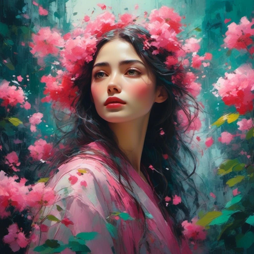 Art Nouveau Portrait with Pink Flowers