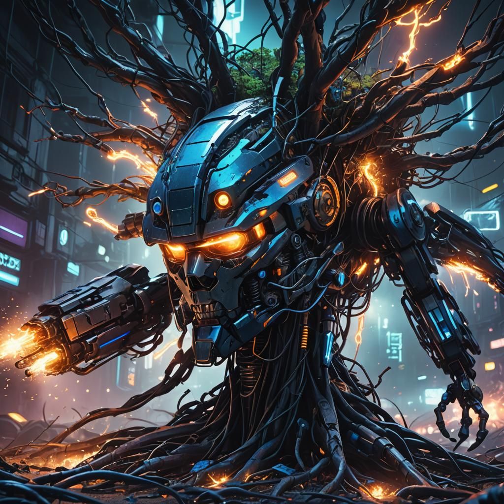 Cyberpunk Robot Car Jet Destroyed by Time Tree