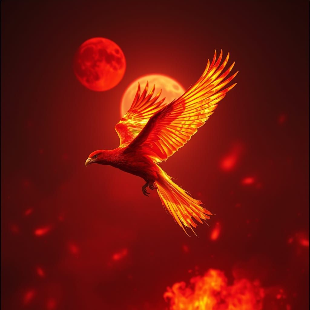 Majestic Fire Phoenix Soaring Under Red Moon
