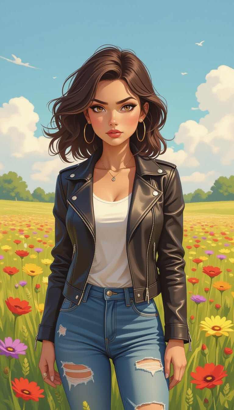 Gritty Woman in Wildflower Meadow, Comic Style