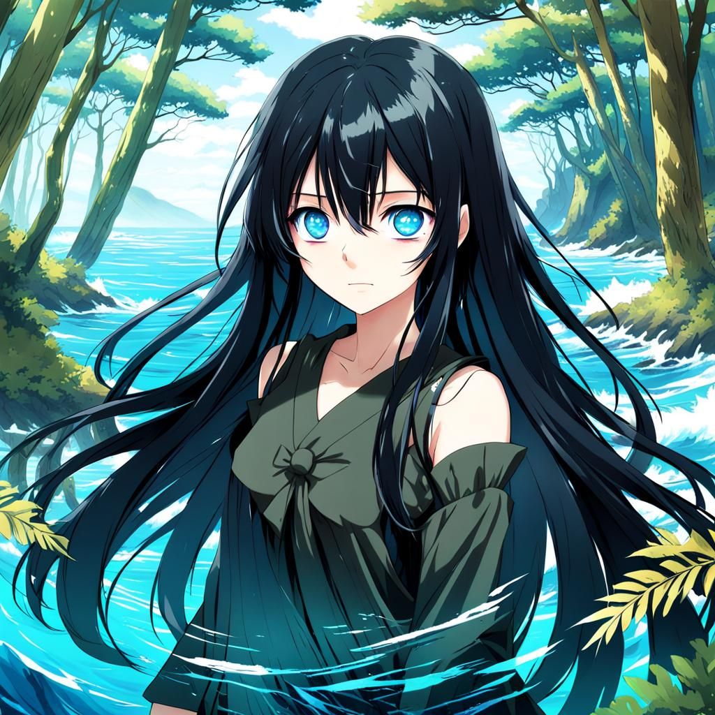 Anime Girl with Black Hair and Blue Eyes