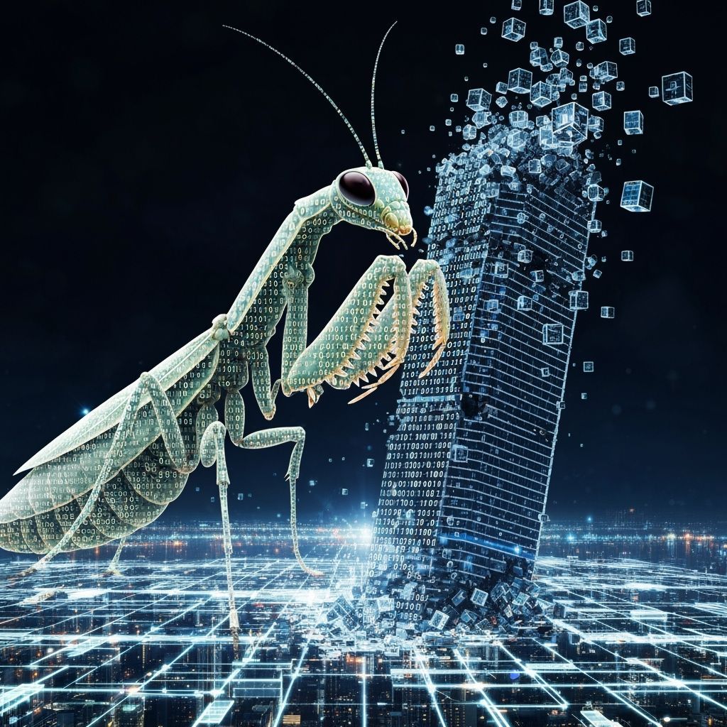Digital Praying Mantis Devours Holographic Skyscraper