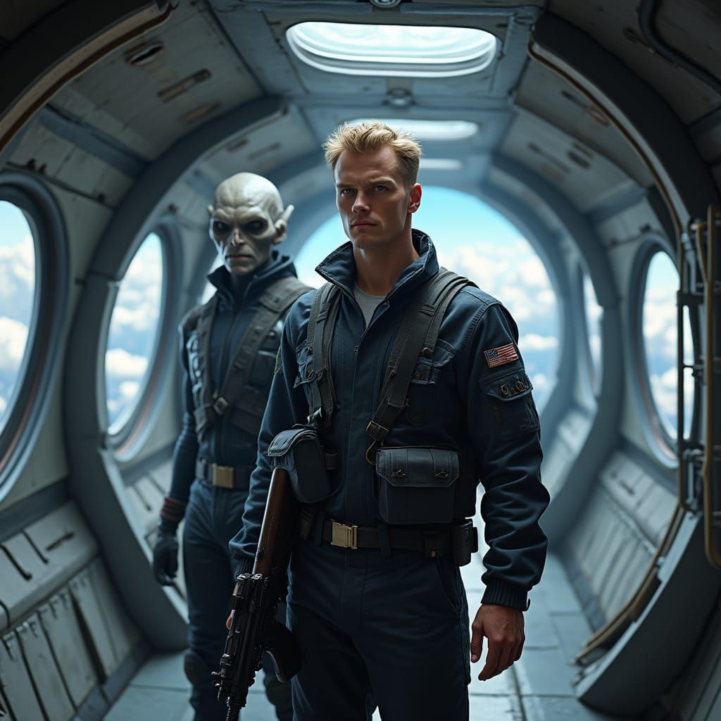 Man and Alien on Starship in Cinematic Sci-Fi Photo