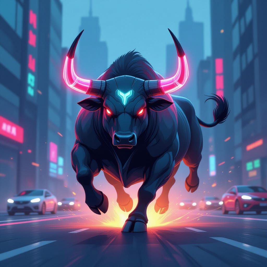 Futuristic Armored Bull Cartoon in Cityscape