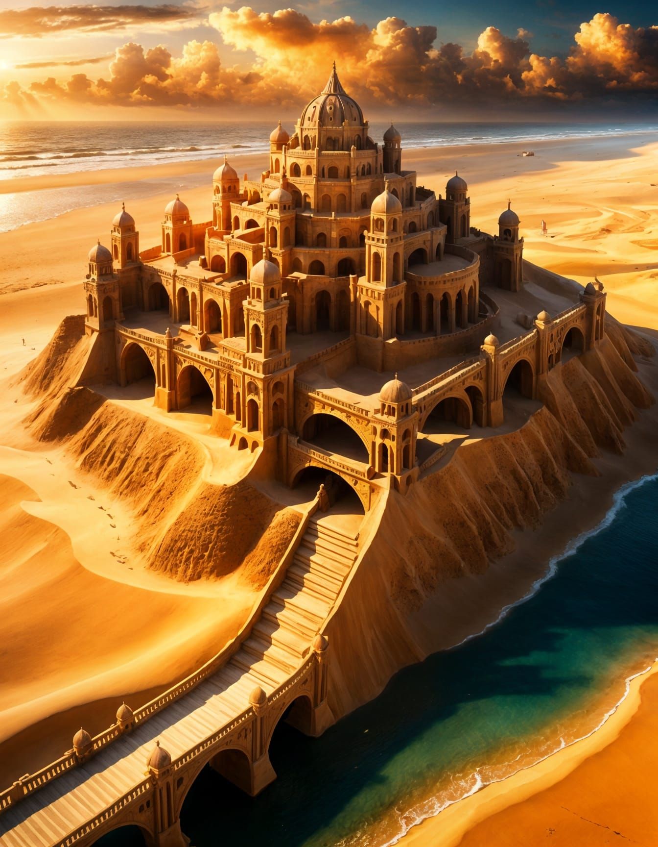 Epic Sand Castle on Beach at Sunset