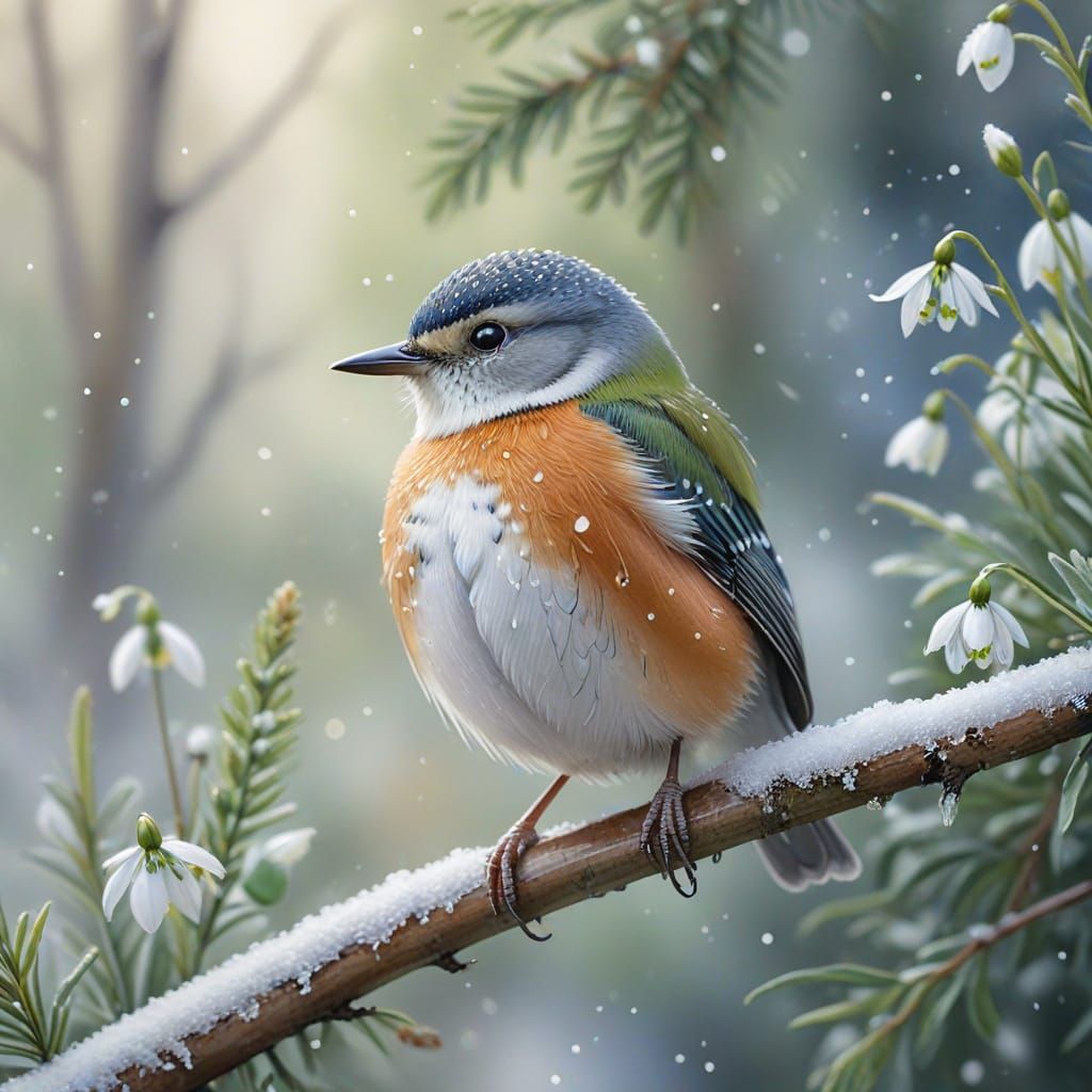Watercolor Bird on Snowy Branch in Pastel Colors