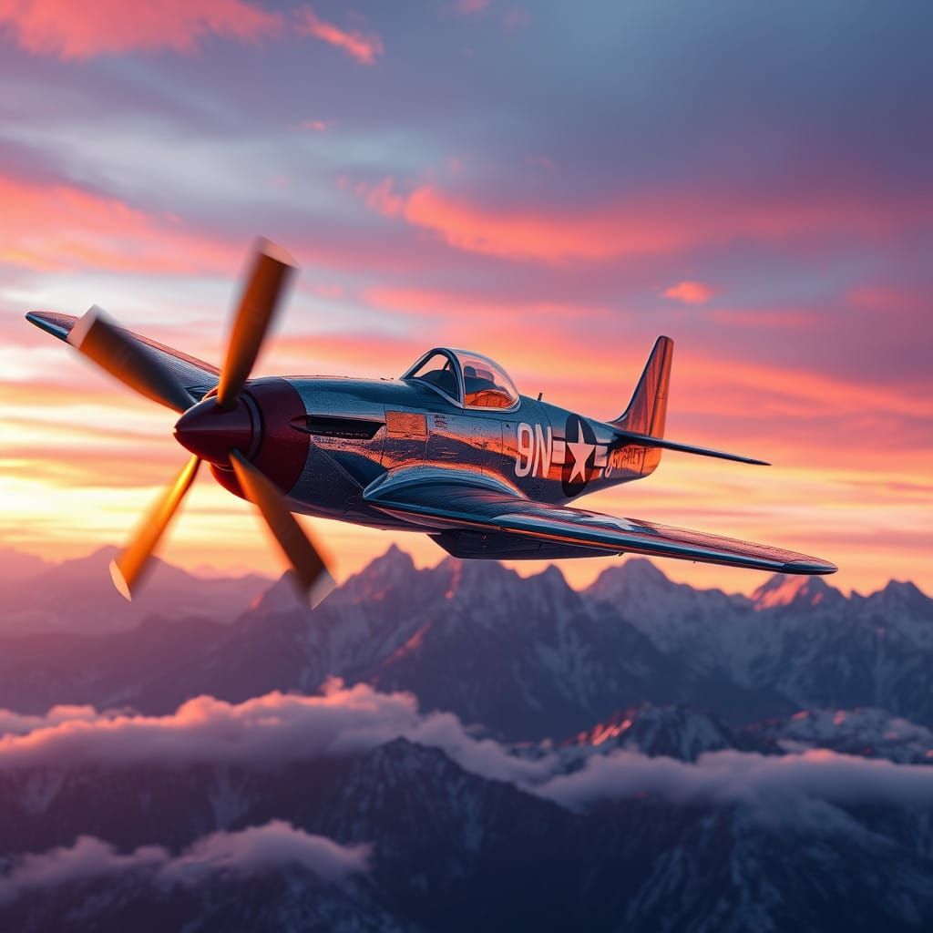 P-51 Mustang Soars at Sunset over the Teton Range