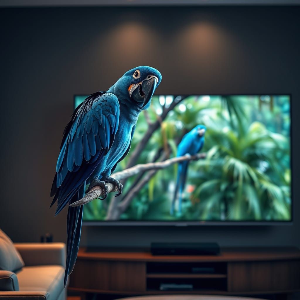 Hyperrealistic Parrot Admires Jungle Reflection on 3D TV
