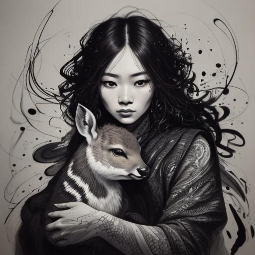 Expressive Portrait: Woman with Deer in Ink