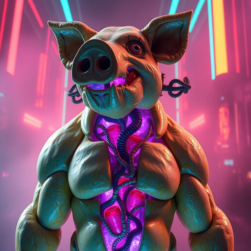 Marble Pig-Man in Neon Cyberpunk Dystopia
