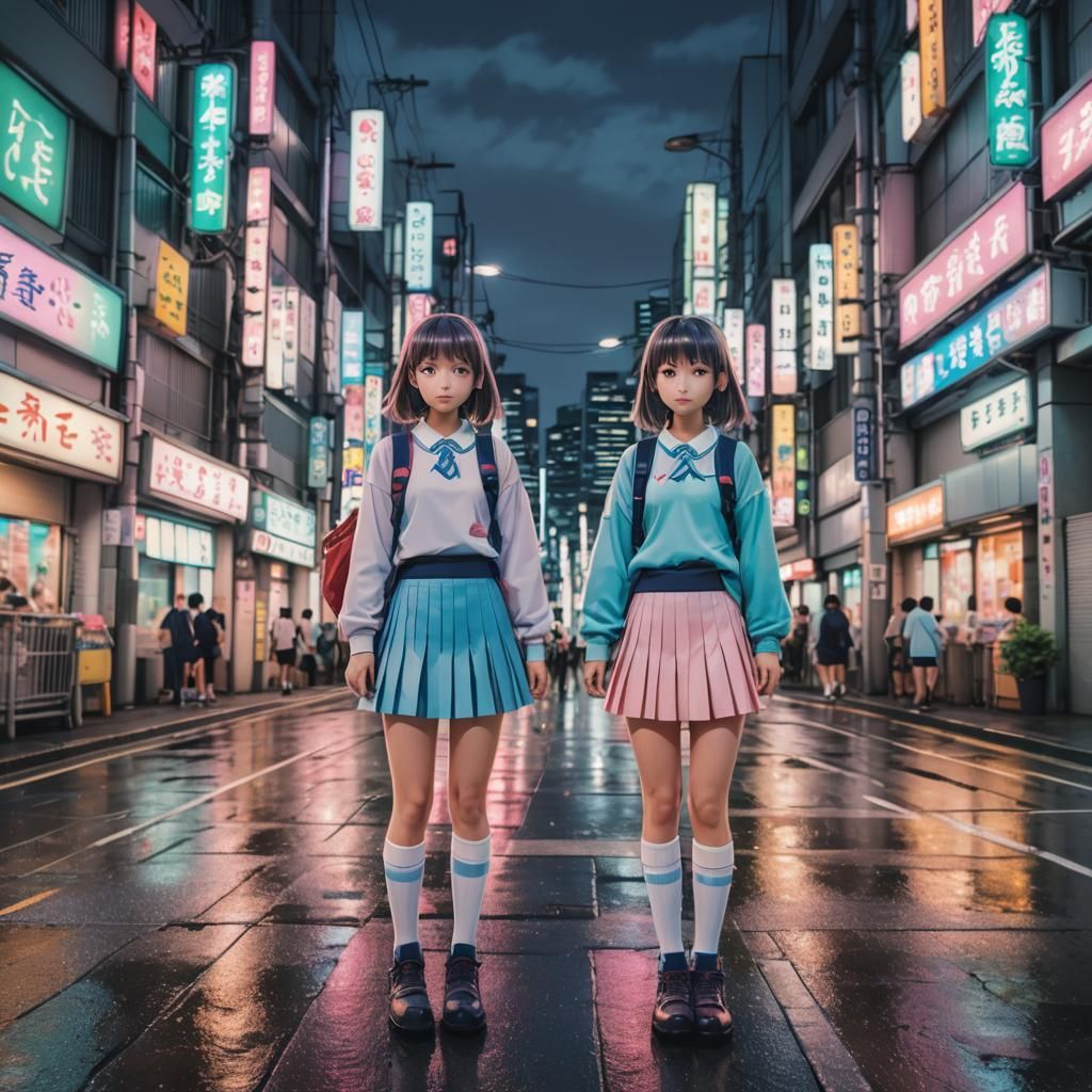 Twin Sisters in Tokyo: Pastel Anime Style