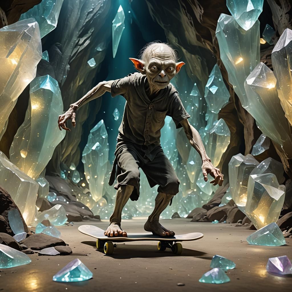 Gollum Skateboarding on Crystals with Iridescent Lights