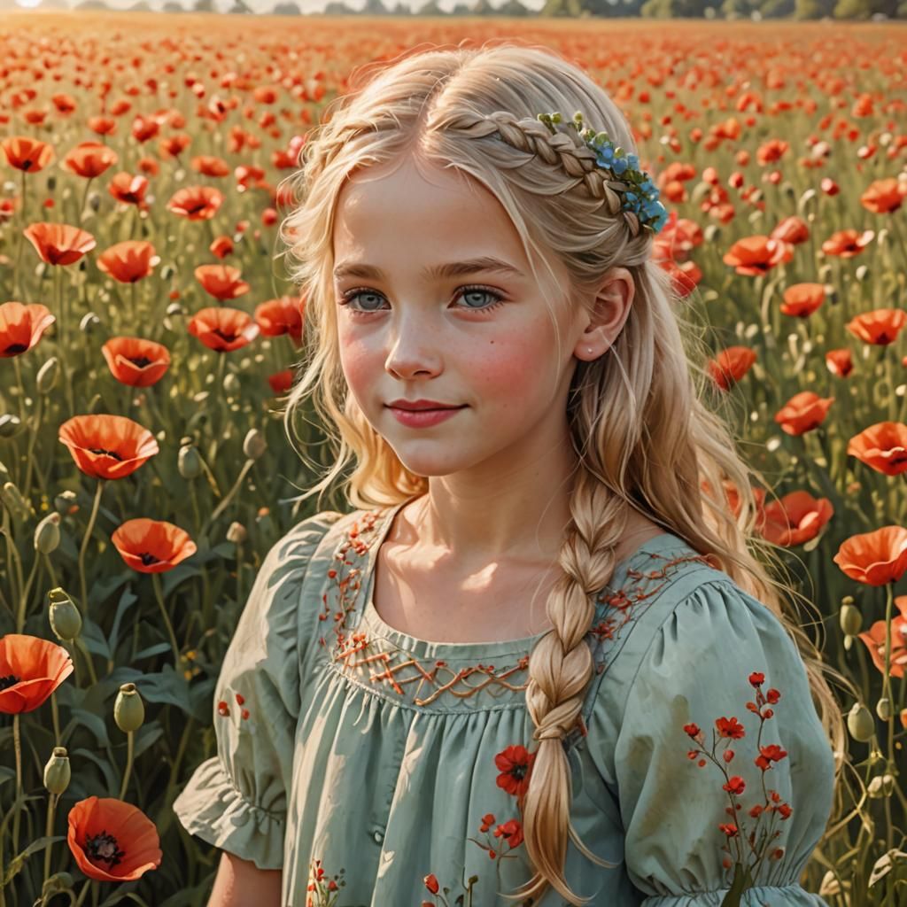 Girl in Poppy Field, Soft Oil Painting Style