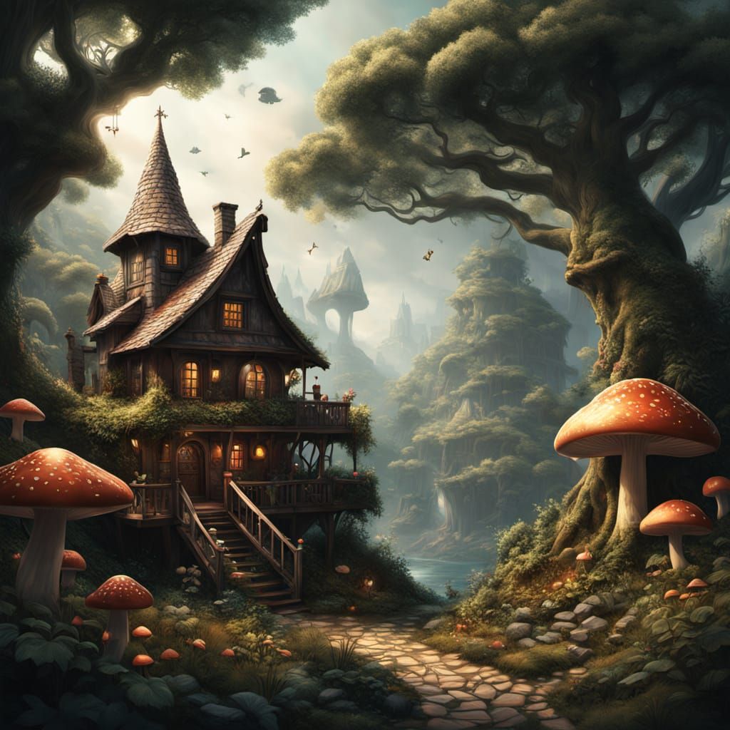 Whimsical Treehouse Amidst Enchanted Forest