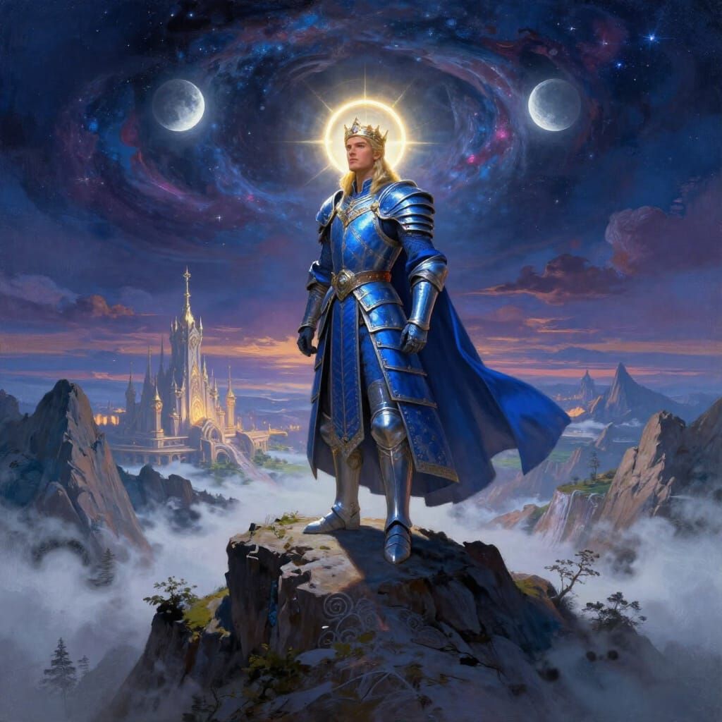 Regal King on Mountain Peak in Fantasy Kingdom