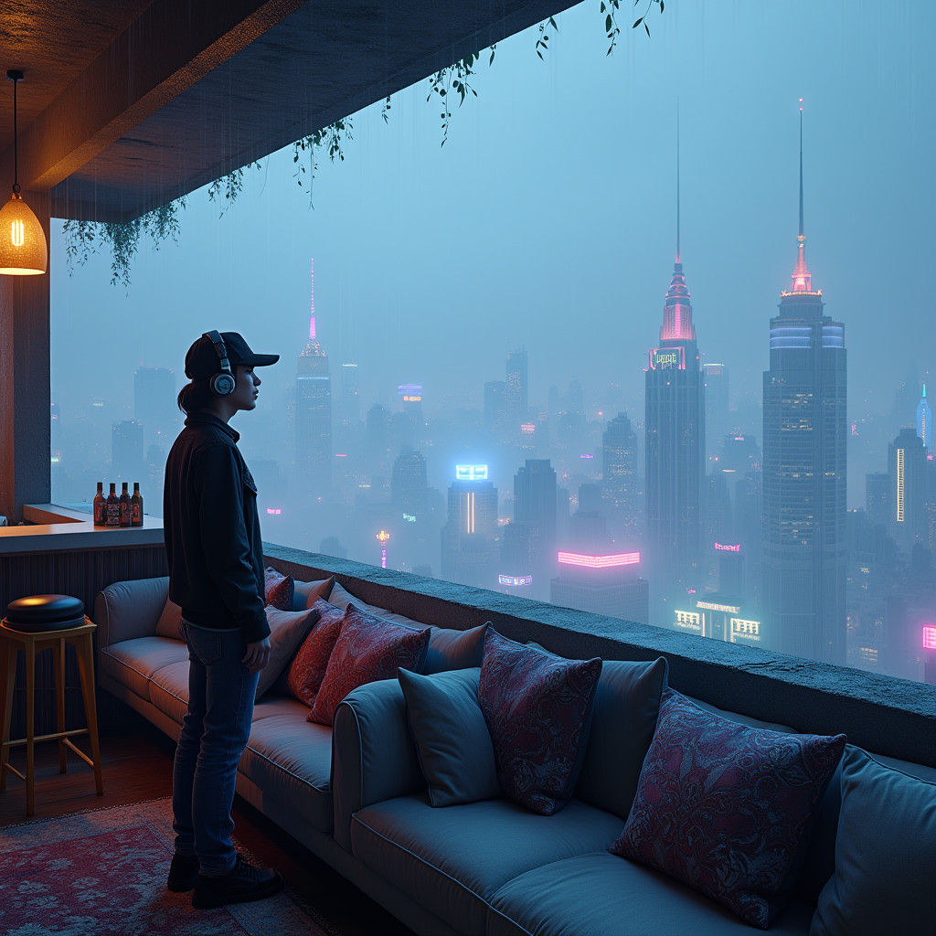 Balcony View of Fog-Shrouded Futuristic Cityscape