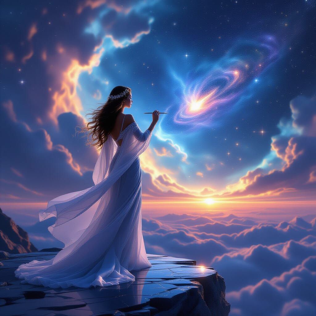 Celestial Goddess Painting a Comet in Galaxy