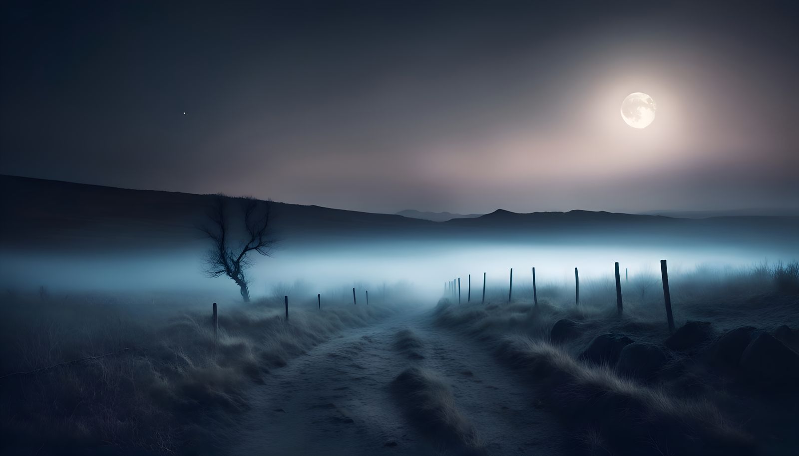 Ethereal Moonlit Landscape with Ground Mist