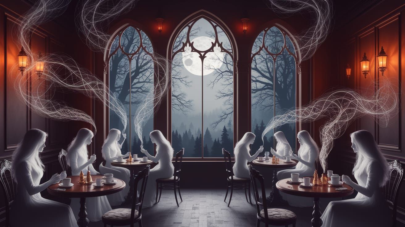 Enchanted Cafe with Luminous Runes and Ghostly Baristas