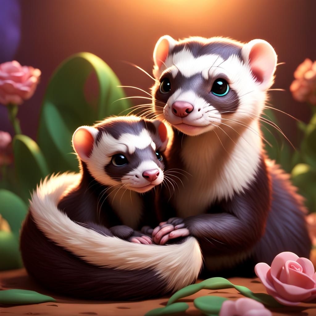 Ferret Mom and Babies: Pixar-Style 3D Art