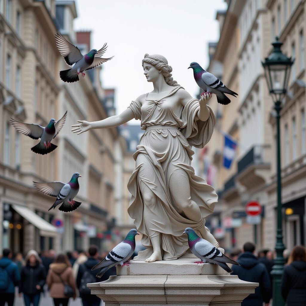 Realistic Statue Chases Pigeons Off Itself