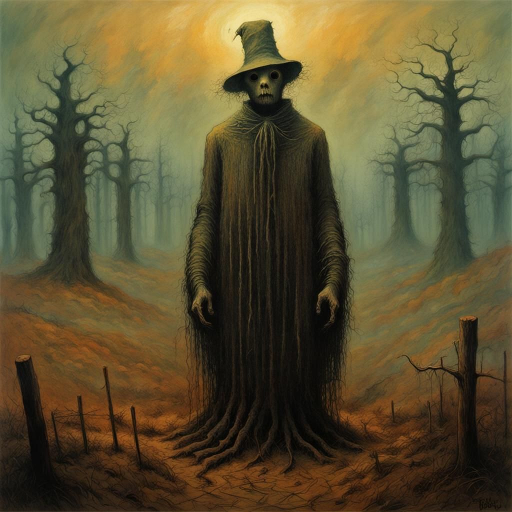 Surreal Scarecrow in Beksinski-Inspired Dystopian Art