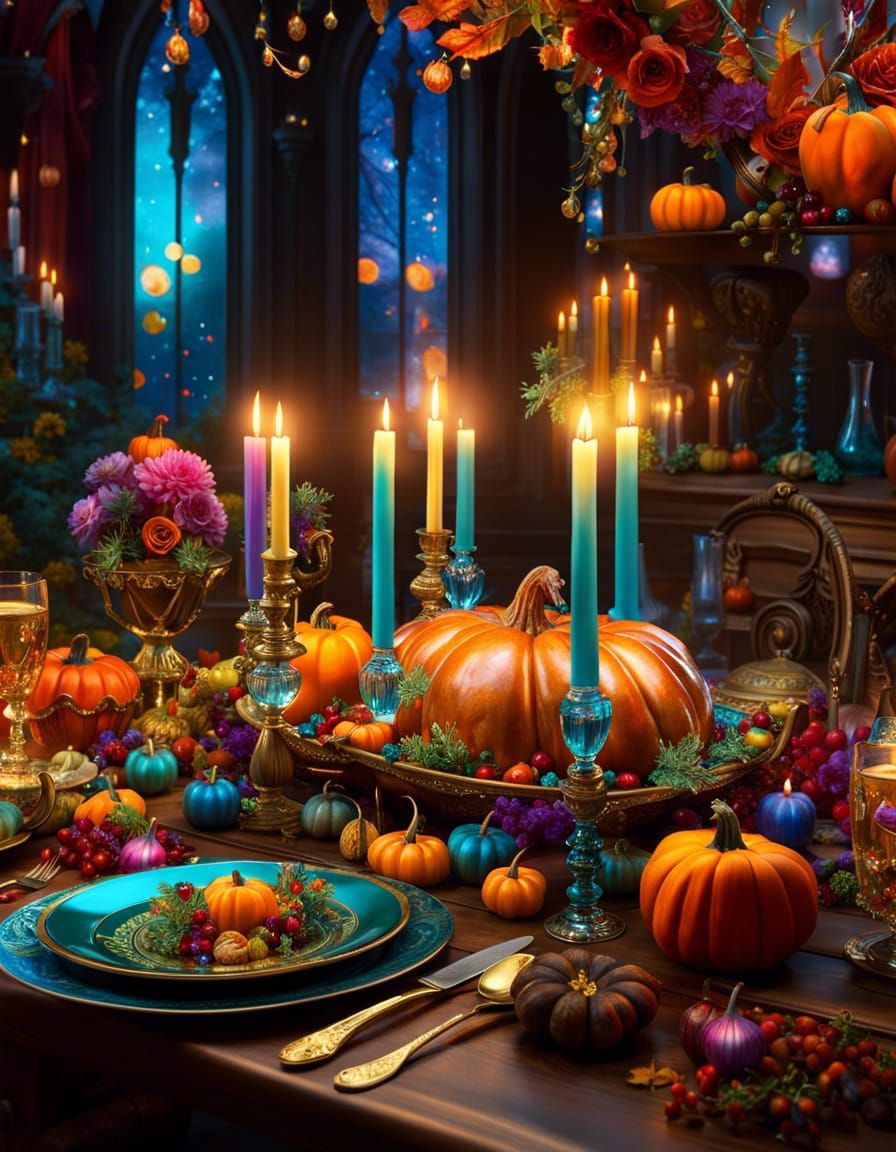 Bioluminescent Candles Above Thanksgiving Table