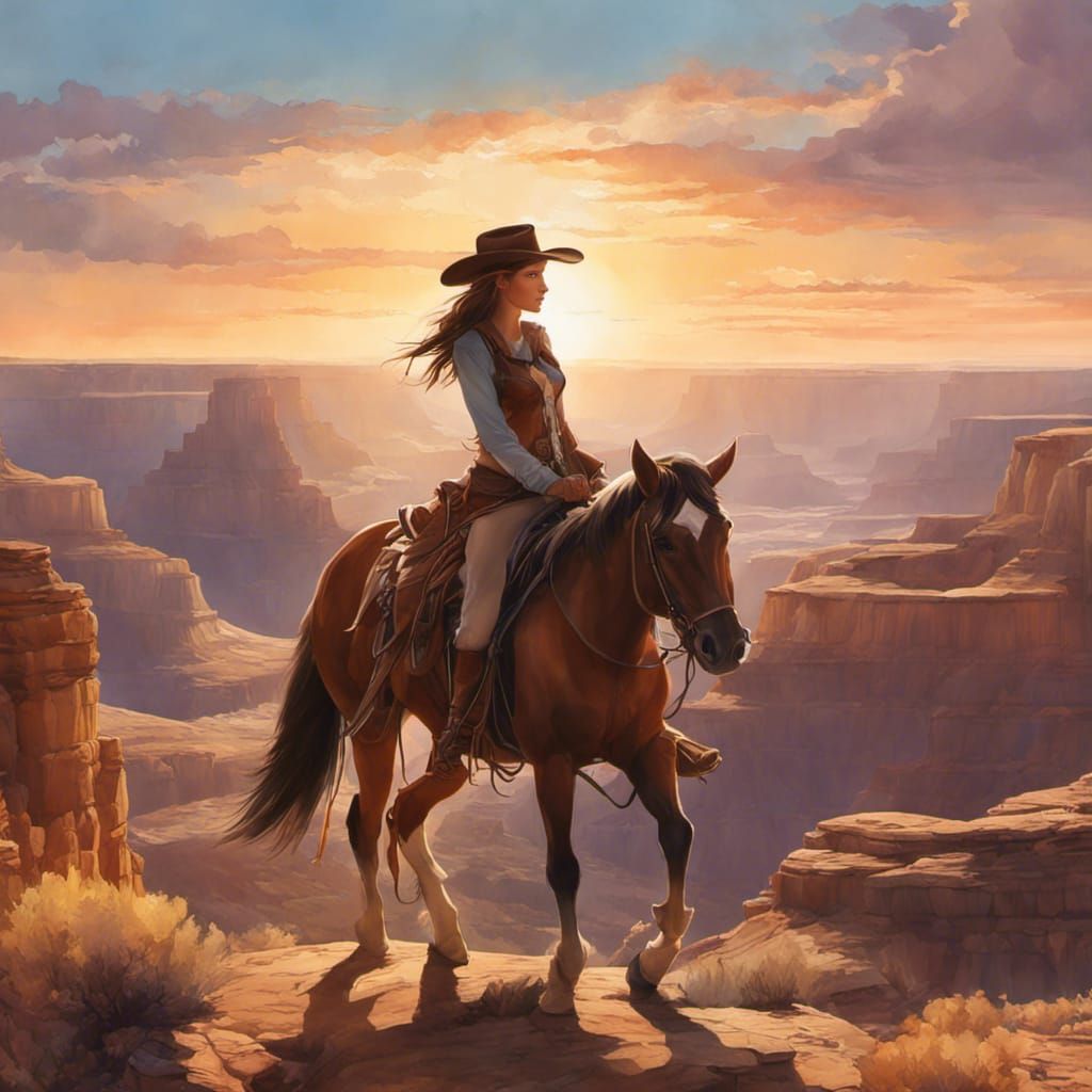 Magical Canyon Sunrise: Woman on Horse in Watercolor