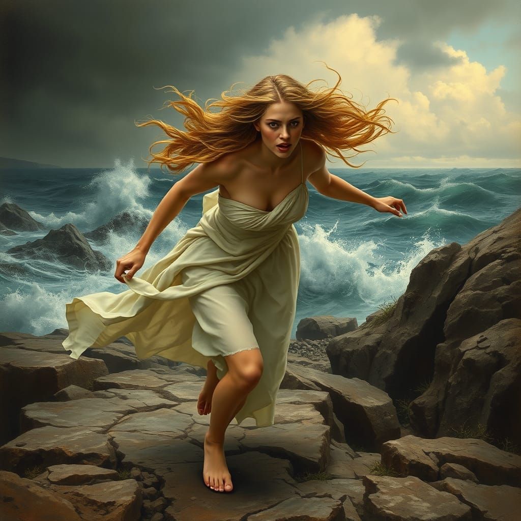 Medusa Escaping Poseidon in Pre-Raphaelite Style