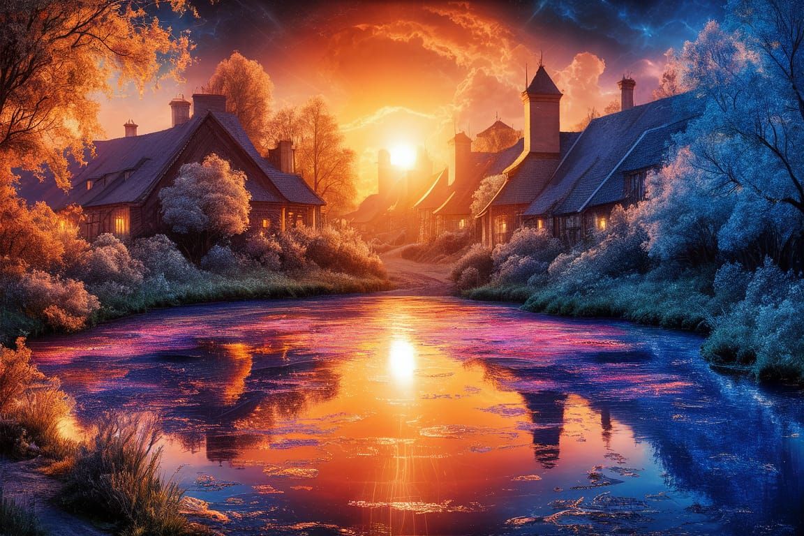 Golden Sunset Over Serene Village Pond