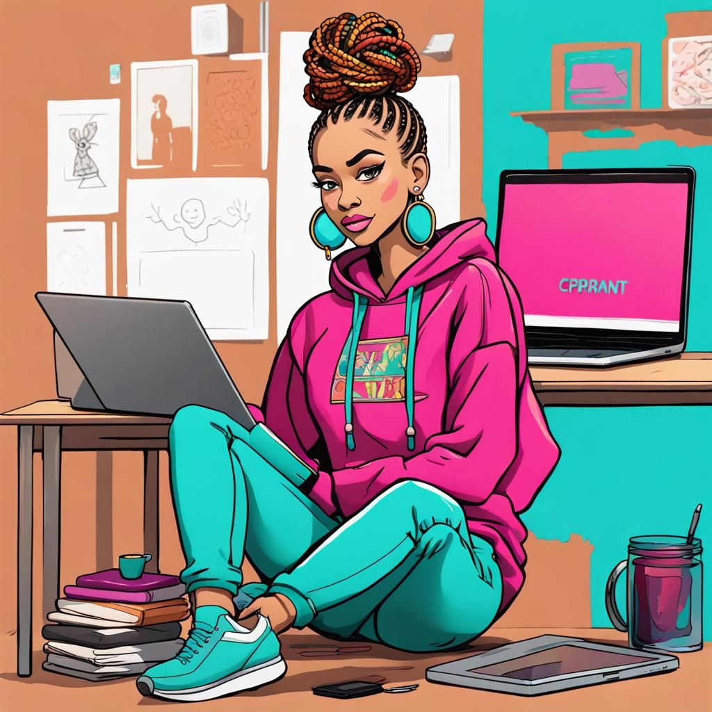 Woman at Desk with Laptop in Cartoon Style