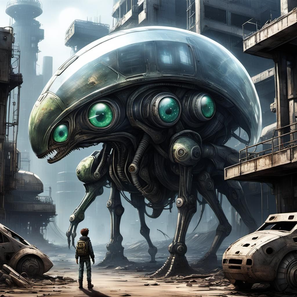 Anime Alien in Dystopian Sci-Fi Landscape