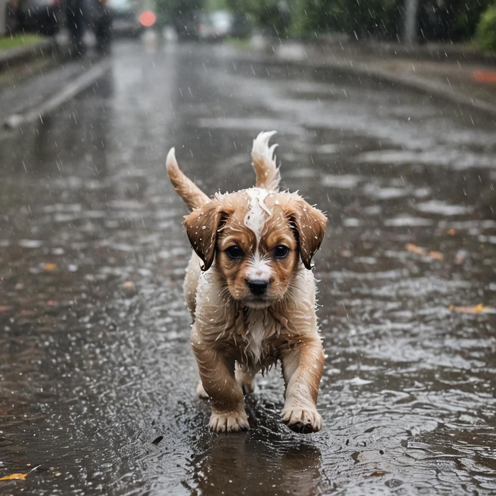 Puppy Plays Happily in the Rain