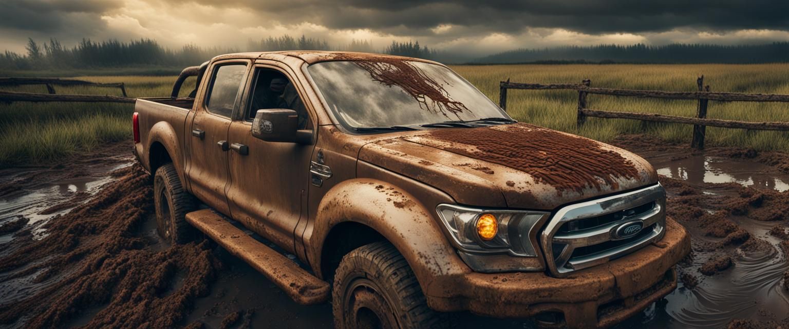 ford pick up truck in a muddy field