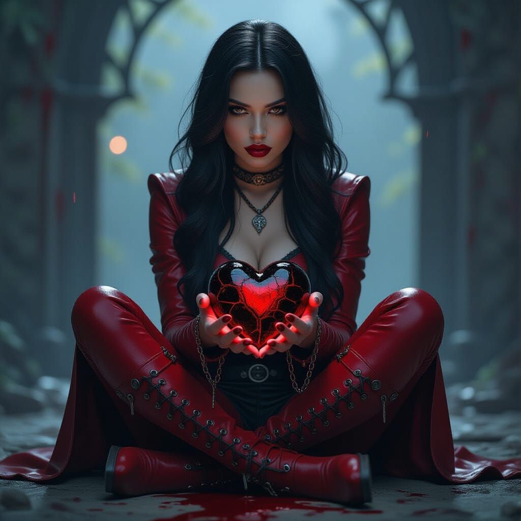 Dark fantasy woman, long lush disheveled raven locks of hair...