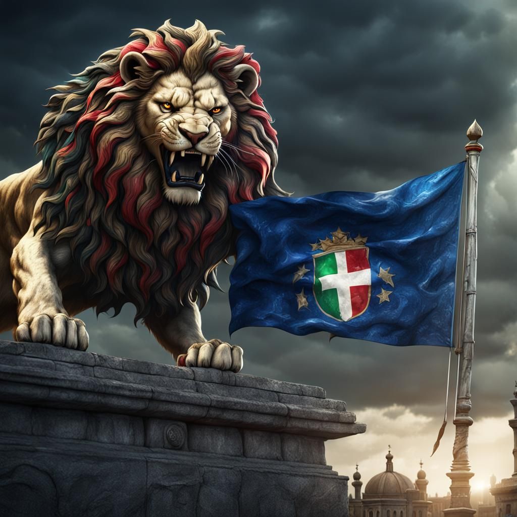 Lion Defending Italy Flag: Detailed Matte Painting