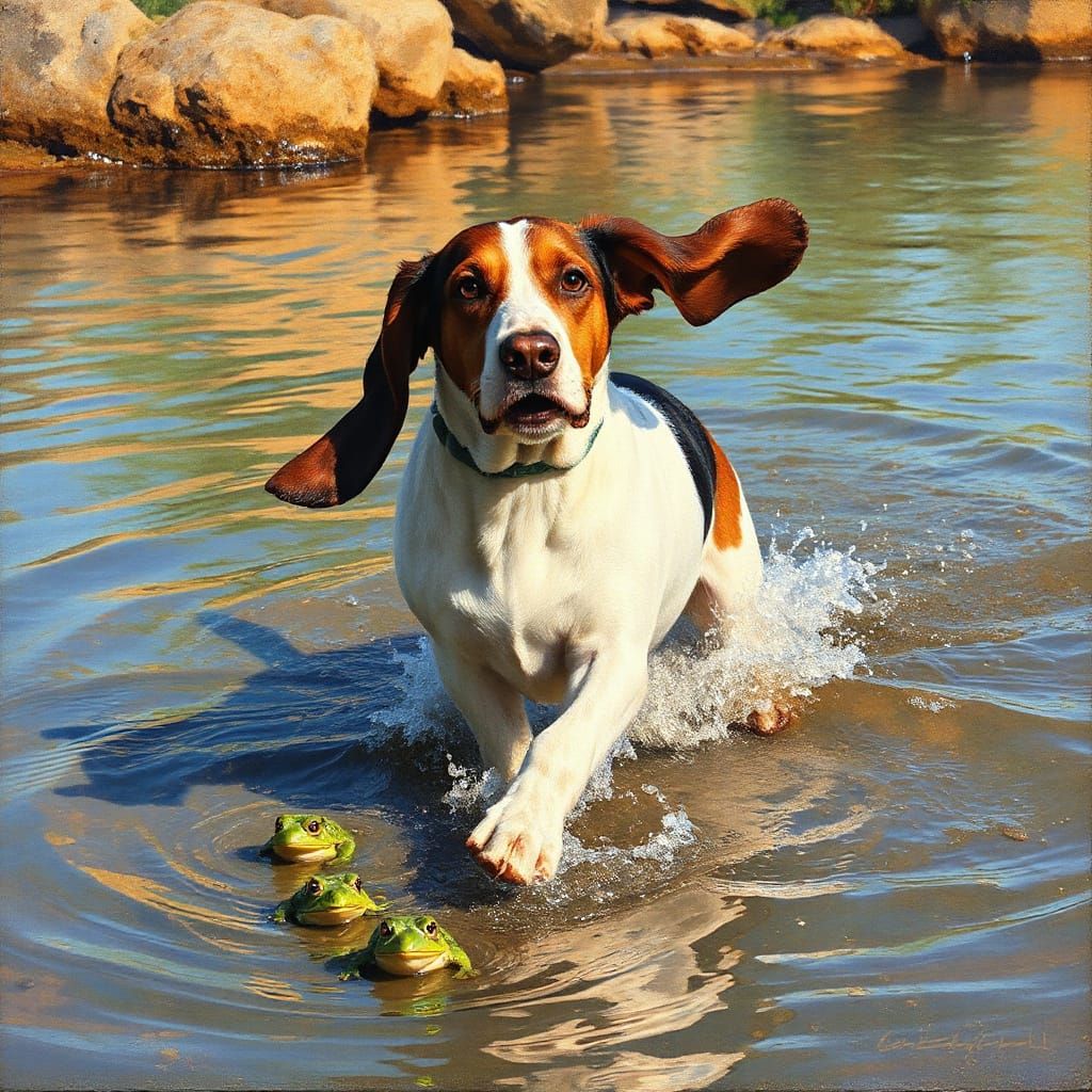 Basset Hound Chasing Frogs in Golden Hour Sunlight