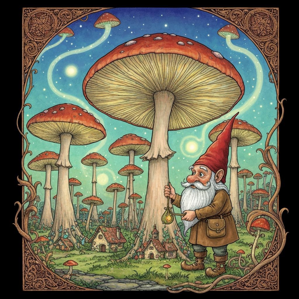 Whimsical Gnome Tends Glowing Mushroom Garden