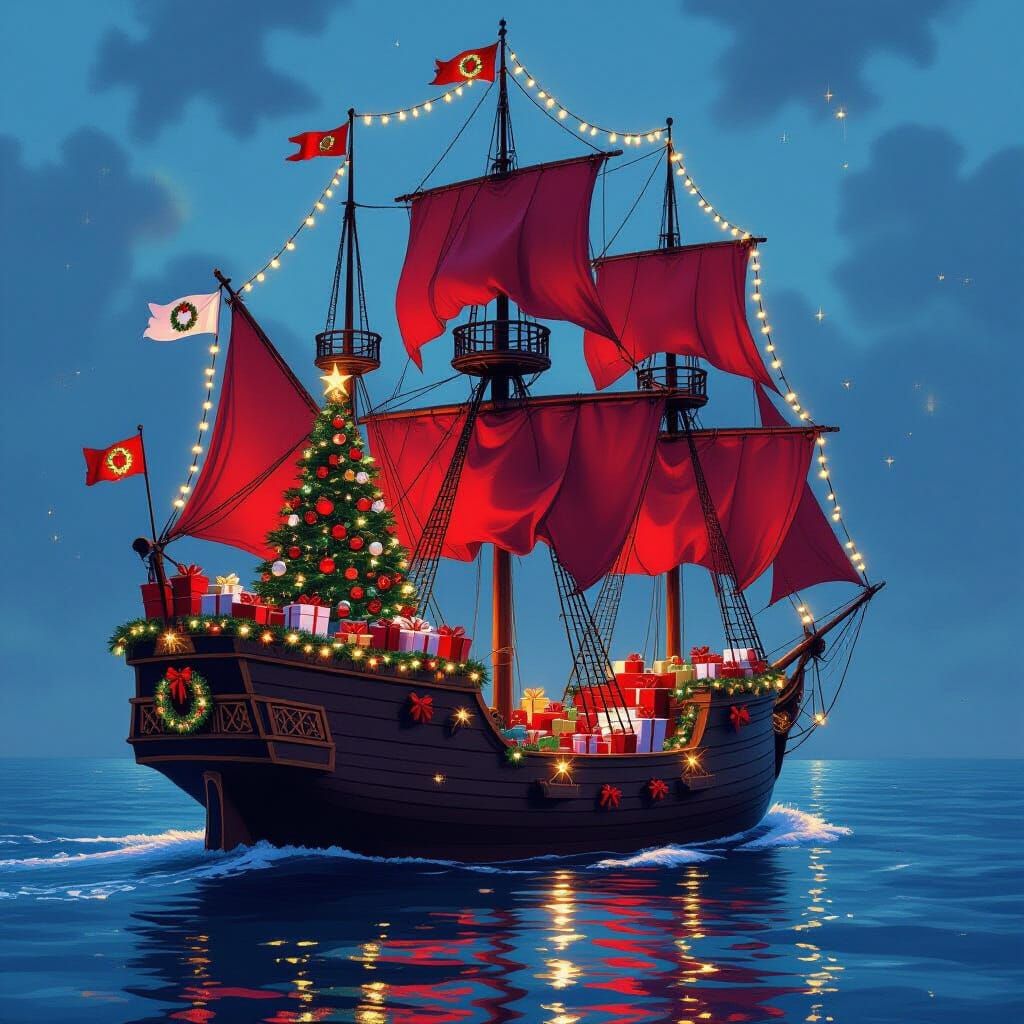 Pirate Ship Decked for Christmas on Calm Seas