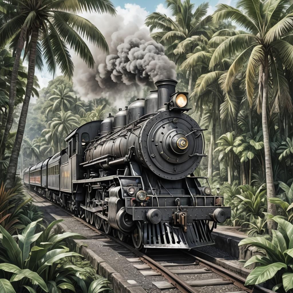 Steam Locomotive in Tropical Jungle: Hyperrealistic Pencil S...