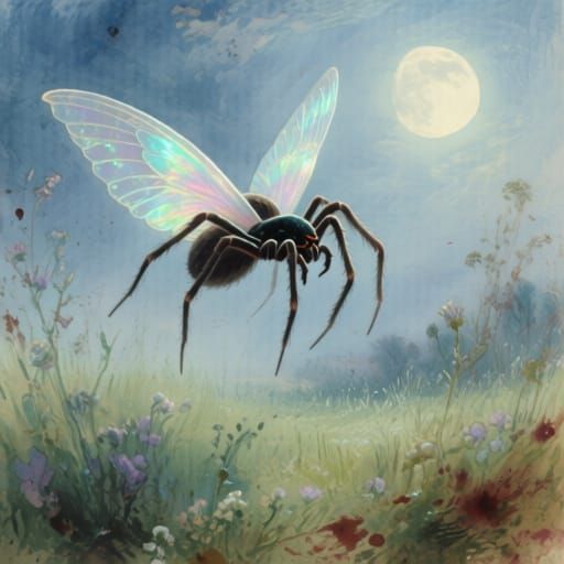 Moonlit Spider Flight Over Enchanted Meadow Watercolor