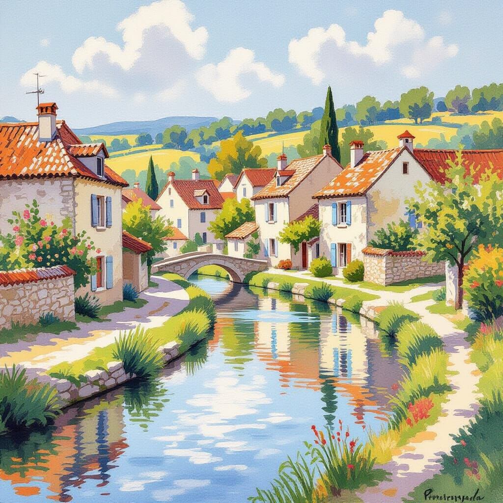 French Village in Countryside: Watercolour Illustration