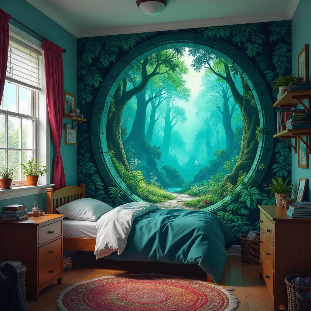 Mythical Forest Portal in a Cluttered Bedroom