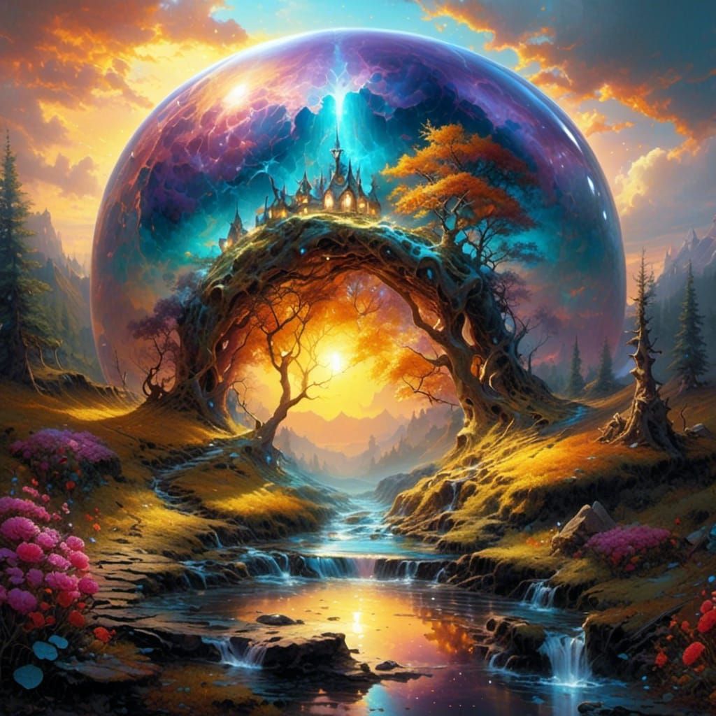 Mystical Landscape Inside Water Drop with Rainbow Effect