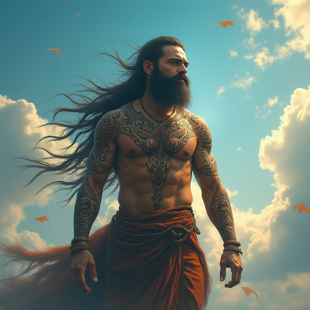 Maori Warrior Emerges from Celestial Clouds