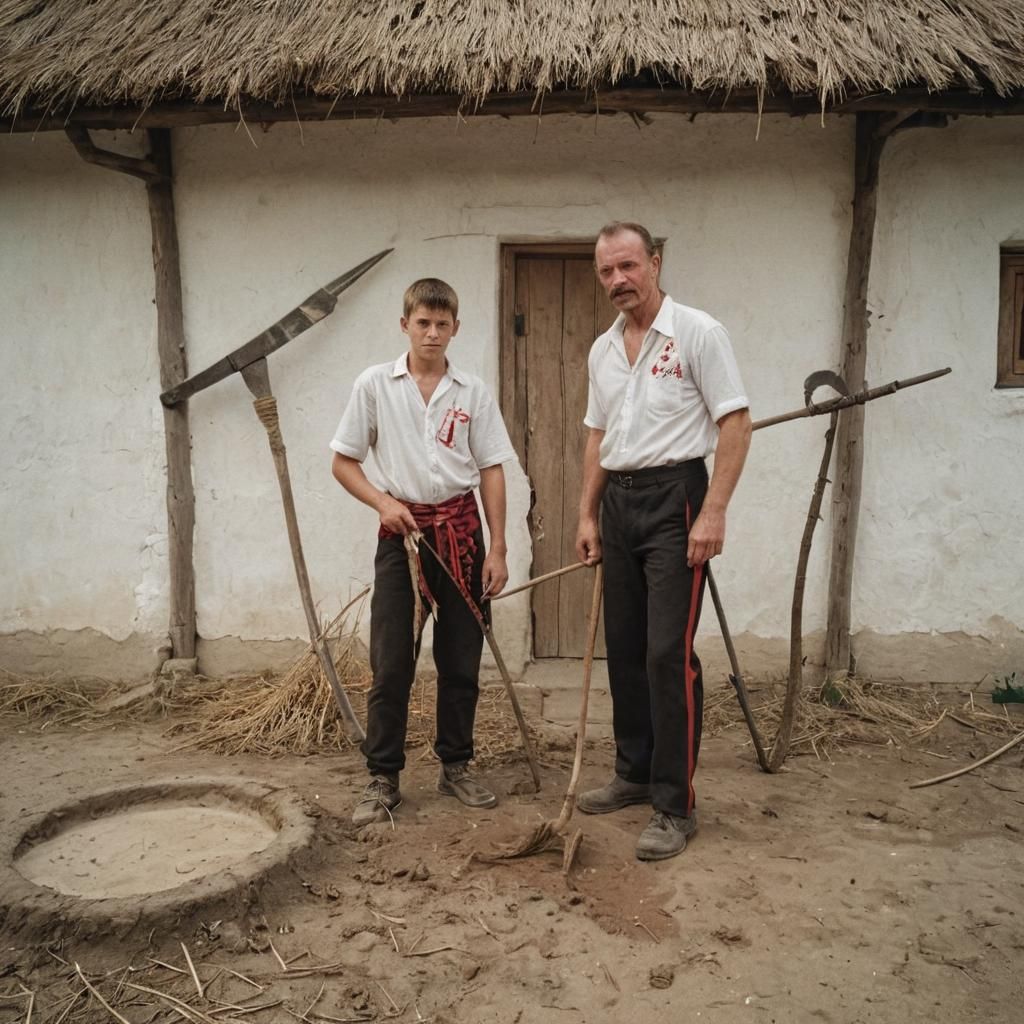 Ukrainian Village Scene with Man and Son