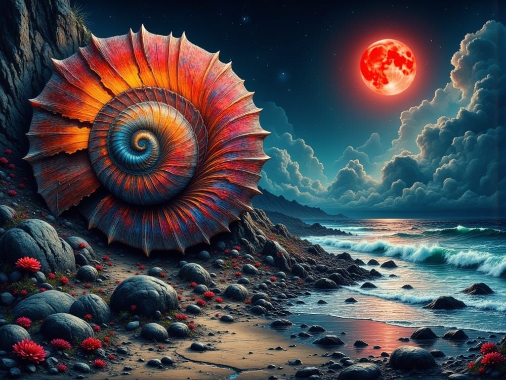 Nautilus Shell Under Red Moon, Dreamy Landscape