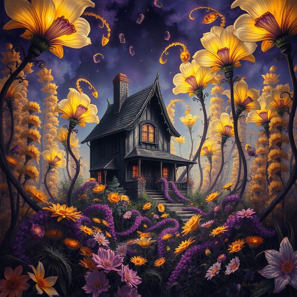 Ethereal Flowers Surround a Dark Fantasy Cottage in Vibrant....