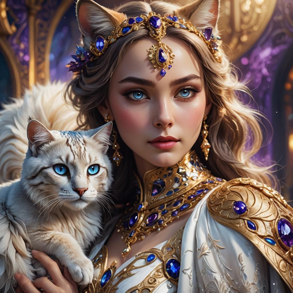Giant Cat Caresses Woman in Fantasy Art